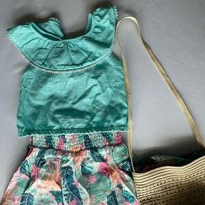 Teal Ruffled Top with Floral Skirt and Straw Bag